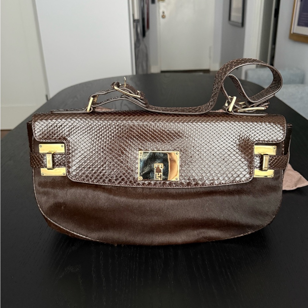 Lambertson Truex Brown Pony Hair Snake Skin Shoulder Bag